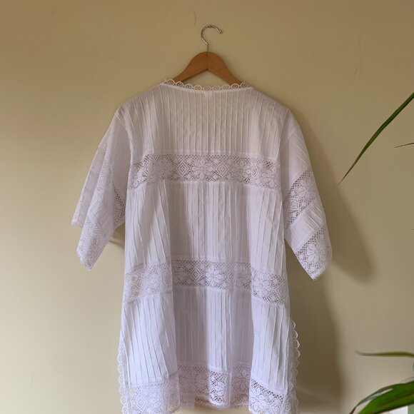 Vintage White Cotton Short Sleeve Button up - bathing suit cover size large - Picture 4 of 4